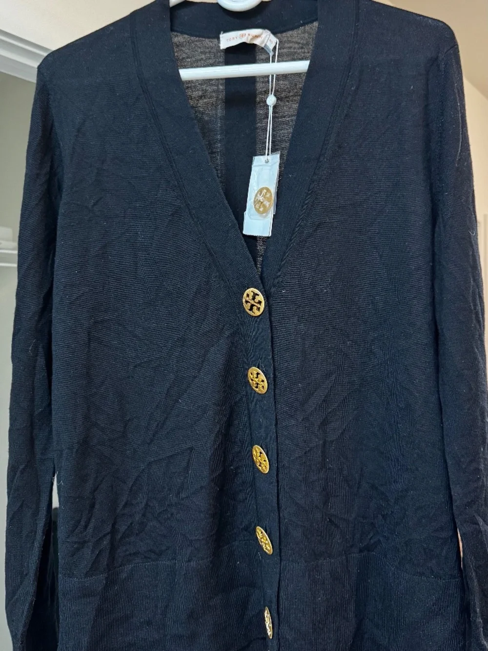 Tory Burch Simone Cardigan Black Gold Logo Buttons